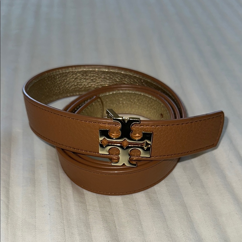 Tory Burch Brown Gold Logo Leather Belt
